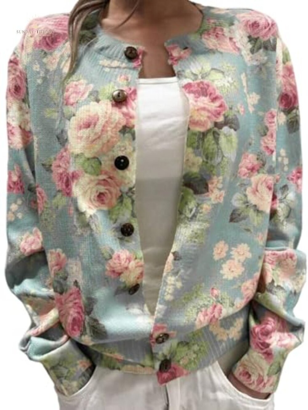 Women's Floral Print Button Down Cardigan Sweater Soft Lightweight Long Sleeve